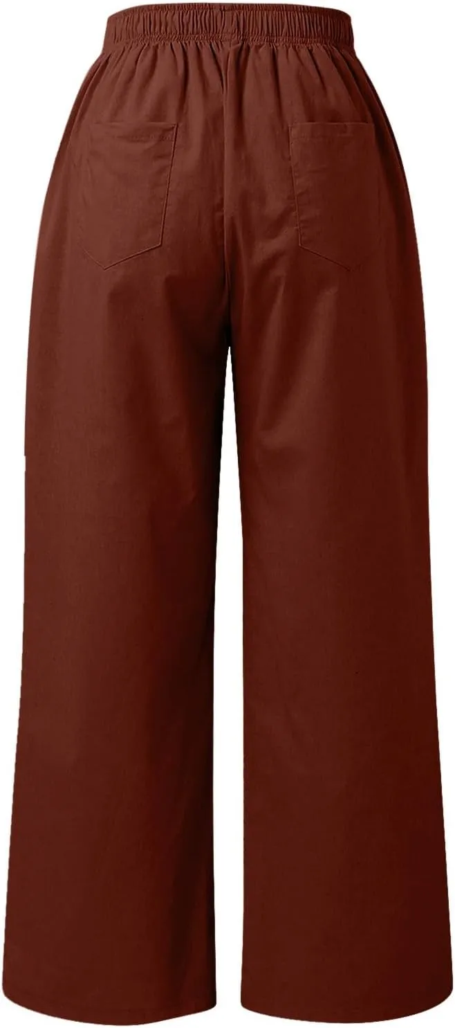 PTOLOCIF Cotton Linen Pants for Women Summer Drawstring Elastic Waist Pants Wide Leg Cropped Lounge Trousers with Pockets