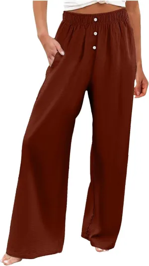 PTOLOCIF Cotton Linen Pants for Women Summer Drawstring Elastic Waist Pants Wide Leg Cropped Lounge Trousers with Pockets
