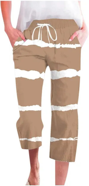 PTOLOCIF Linen Pants for Women Straight Leg Pant Elastic Drawstring Casual Trousers with Pockets Summer Beach Lounge Pants
