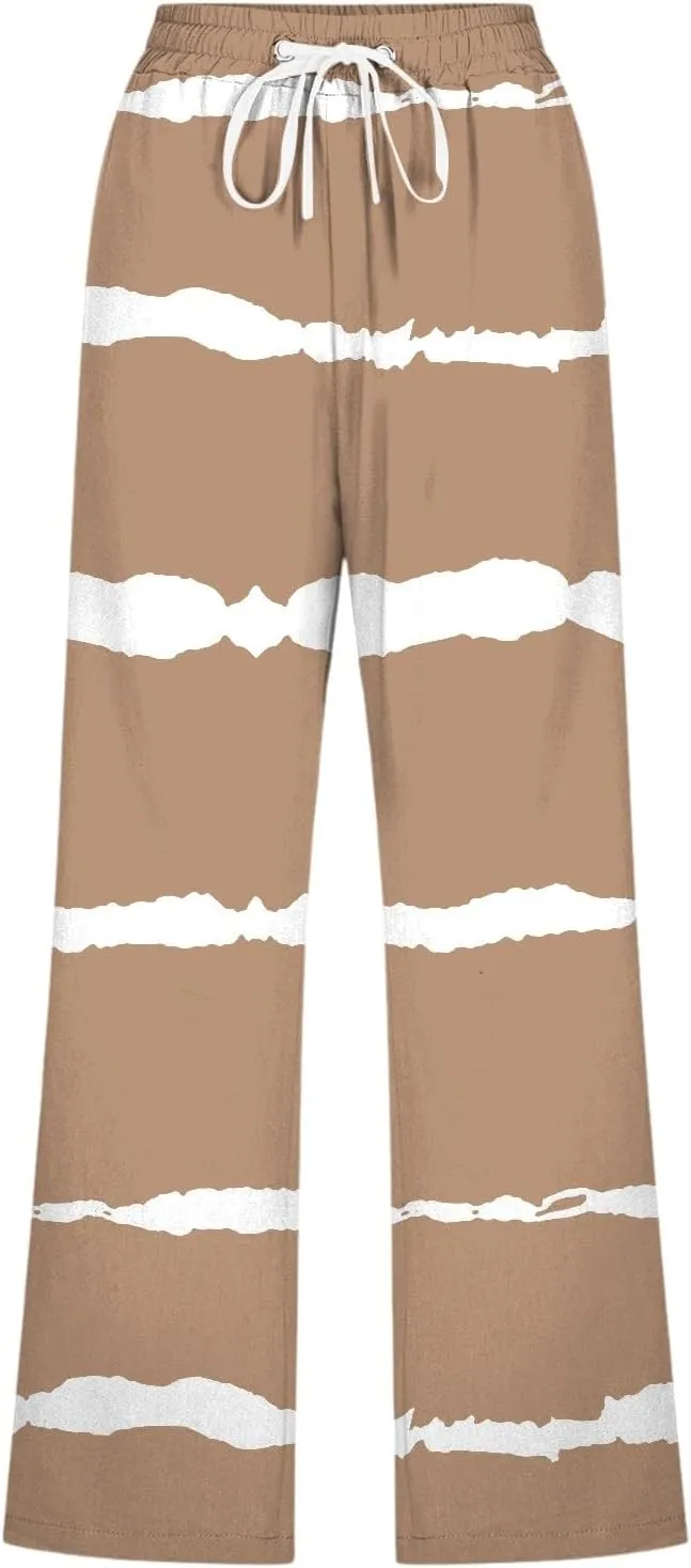 PTOLOCIF Linen Pants for Women Straight Leg Pant Elastic Drawstring Casual Trousers with Pockets Summer Beach Lounge Pants