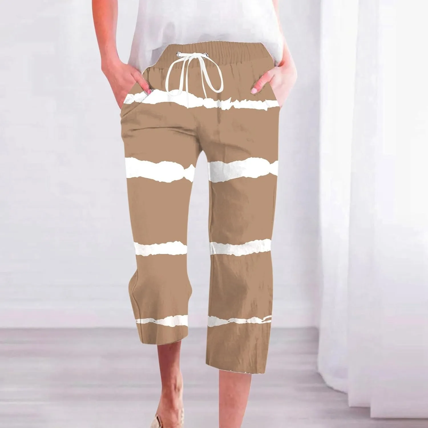 PTOLOCIF Linen Pants for Women Straight Leg Pant Elastic Drawstring Casual Trousers with Pockets Summer Beach Lounge Pants