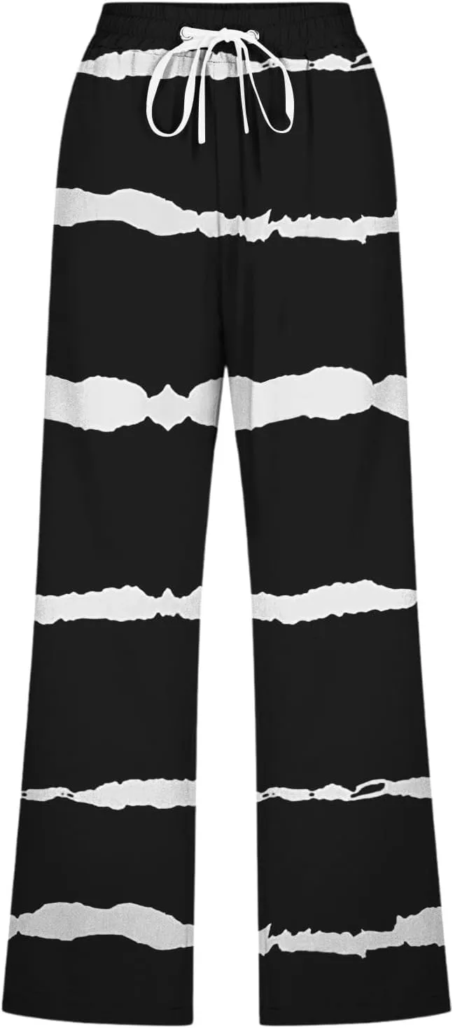 PTOLOCIF Linen Pants for Women Straight Leg Pant Elastic Drawstring Casual Trousers with Pockets Summer Beach Lounge Pants