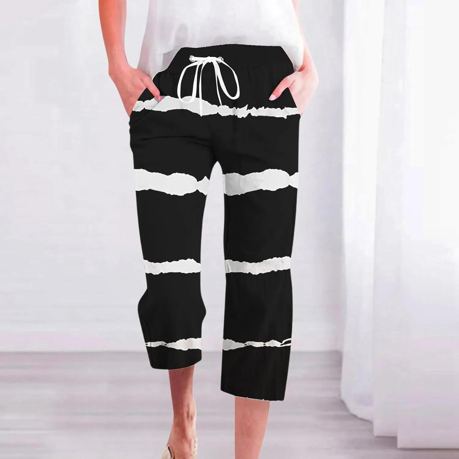 PTOLOCIF Linen Pants for Women Straight Leg Pant Elastic Drawstring Casual Trousers with Pockets Summer Beach Lounge Pants