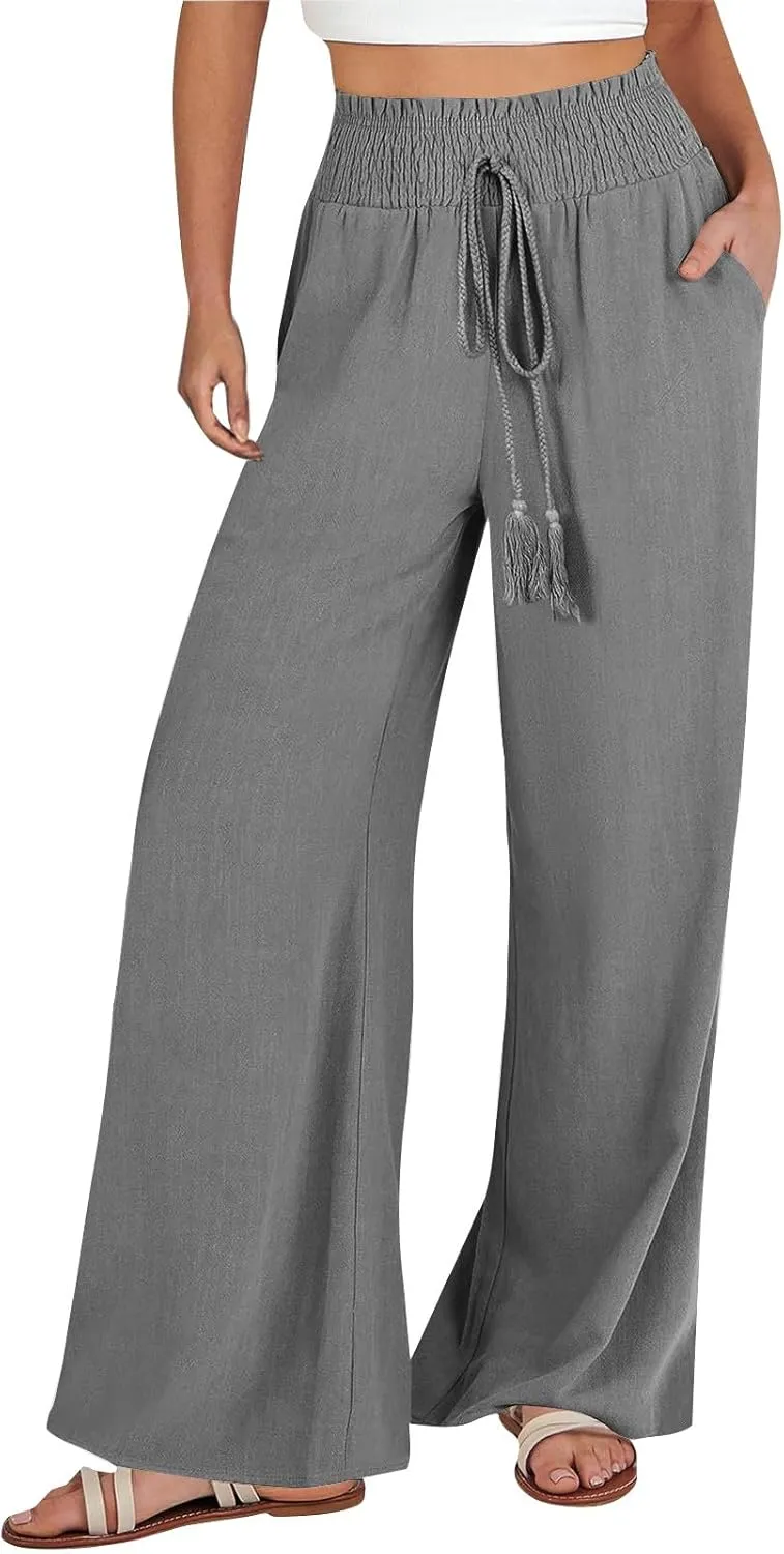 PTOLOCIF Women's Casual Cotton Linen Pants Drawstring Elastic Waist Palazzo Pants Casual Flowy Wide Leg Trousers with Pockets