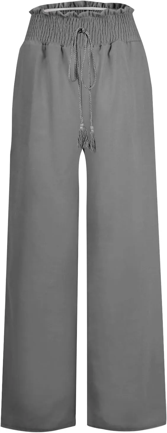 PTOLOCIF Women's Casual Cotton Linen Pants Drawstring Elastic Waist Palazzo Pants Casual Flowy Wide Leg Trousers with Pockets