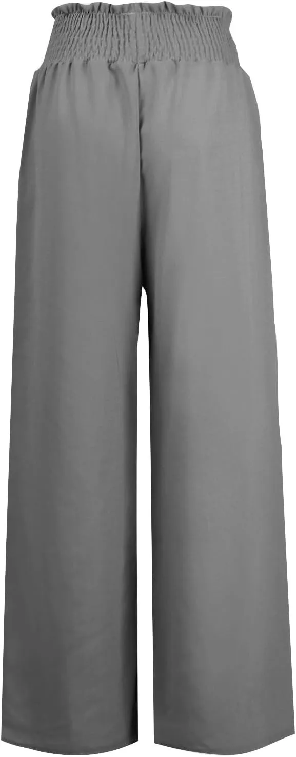 PTOLOCIF Women's Casual Cotton Linen Pants Drawstring Elastic Waist Palazzo Pants Casual Flowy Wide Leg Trousers with Pockets