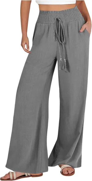 PTOLOCIF Women's Casual Cotton Linen Pants Drawstring Elastic Waist Palazzo Pants Casual Flowy Wide Leg Trousers with Pockets