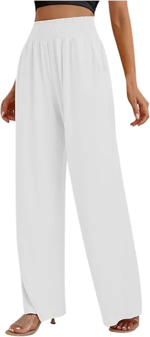 PTOLOCIF Womens Casual Linen Pants Wide Leg Casual Loose Pants High Waisted Drawstring Palazzo Capri Trousers with Pockets