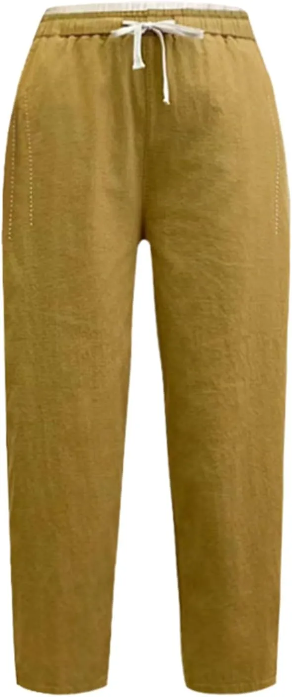 PTOLOCIF Womens Casual Linen Pants Wide Straight Leg Pants Baggy Elastic Waist Pant Summer Loose Fit Trousers with Pockets