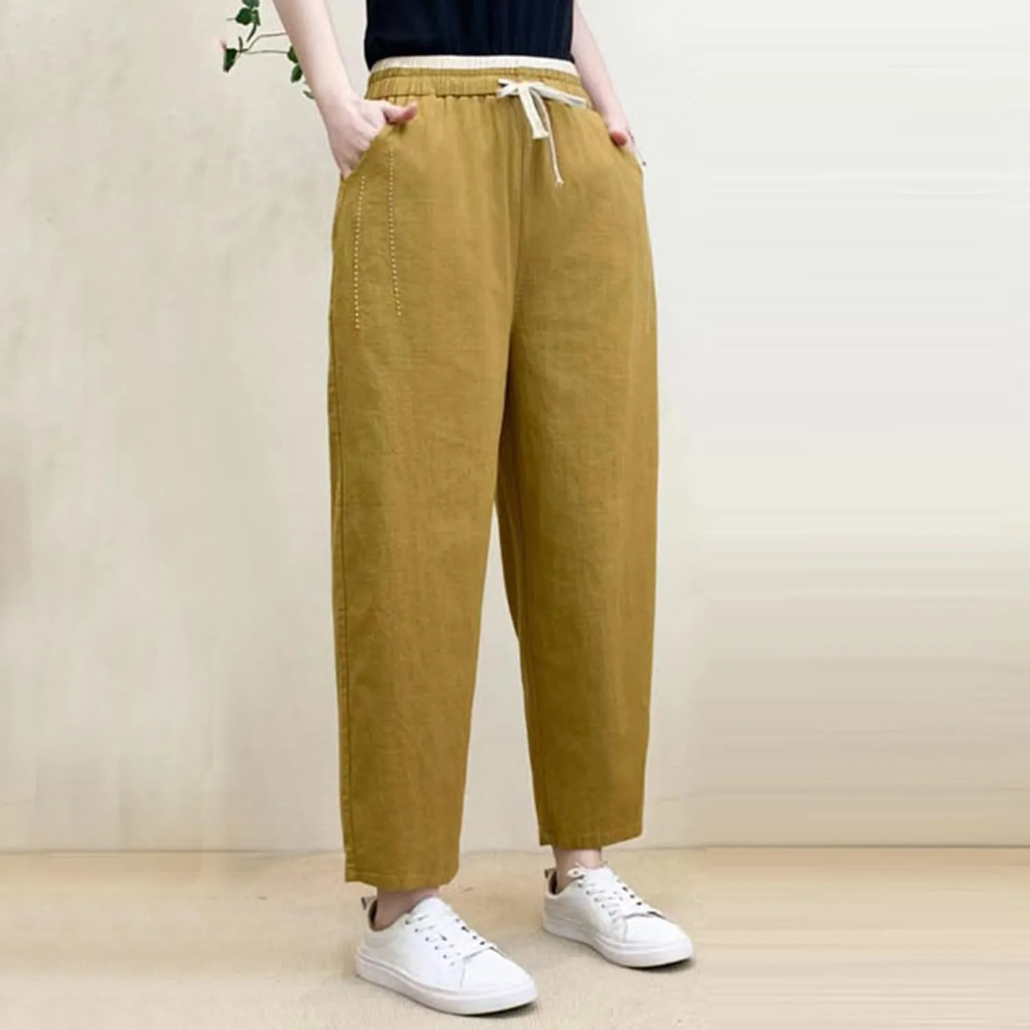 PTOLOCIF Womens Casual Linen Pants Wide Straight Leg Pants Baggy Elastic Waist Pant Summer Loose Fit Trousers with Pockets