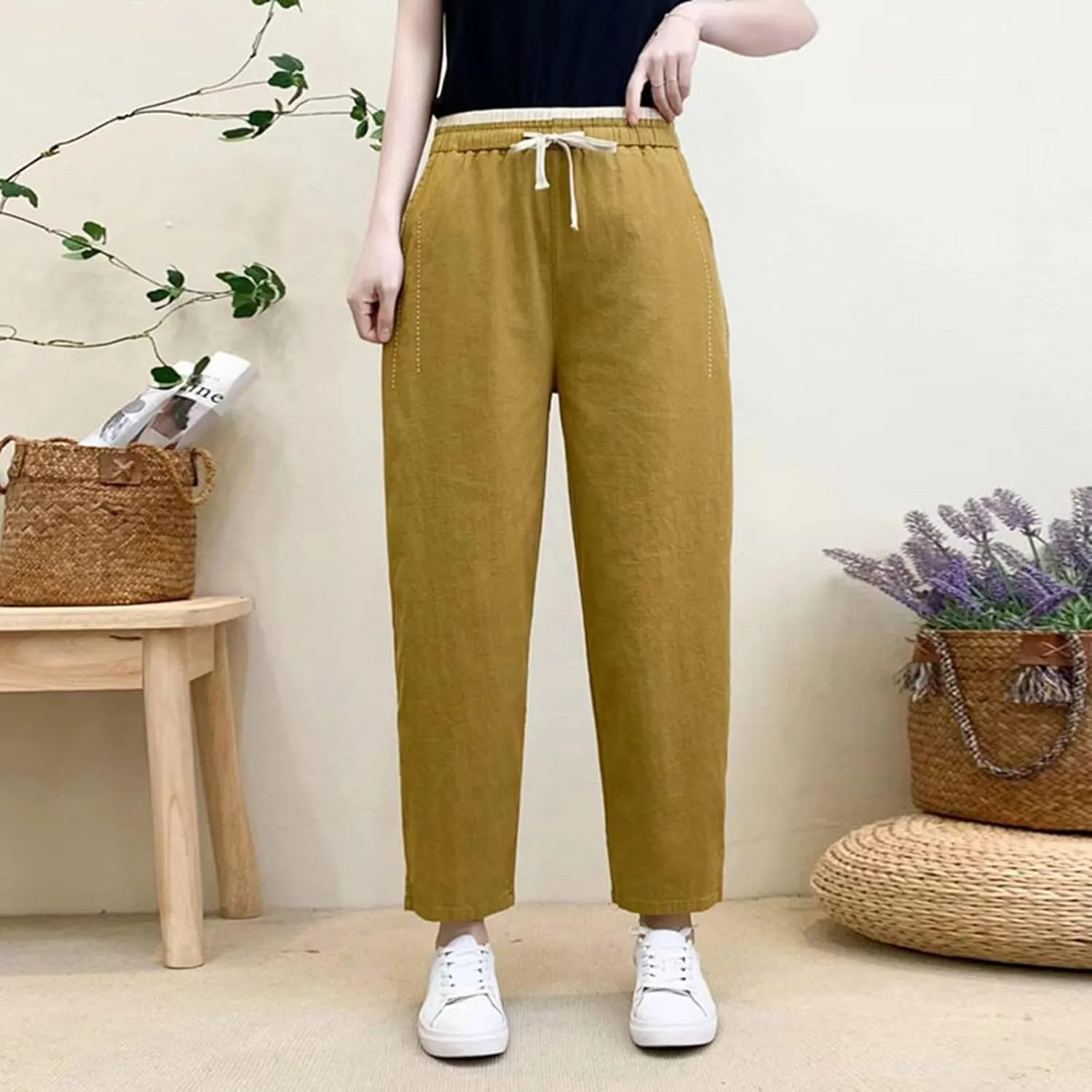 PTOLOCIF Womens Casual Linen Pants Wide Straight Leg Pants Baggy Elastic Waist Pant Summer Loose Fit Trousers with Pockets