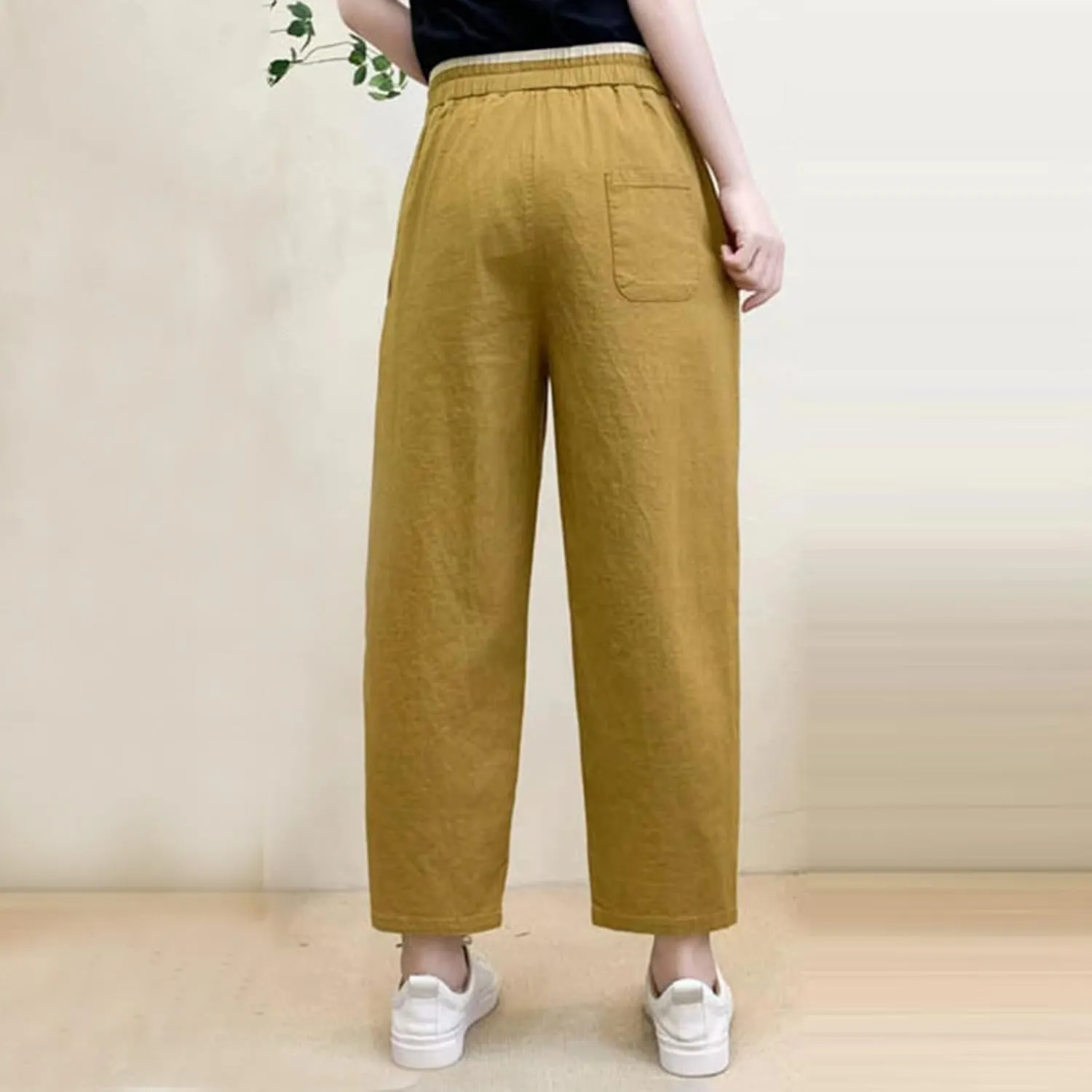PTOLOCIF Womens Casual Linen Pants Wide Straight Leg Pants Baggy Elastic Waist Pant Summer Loose Fit Trousers with Pockets