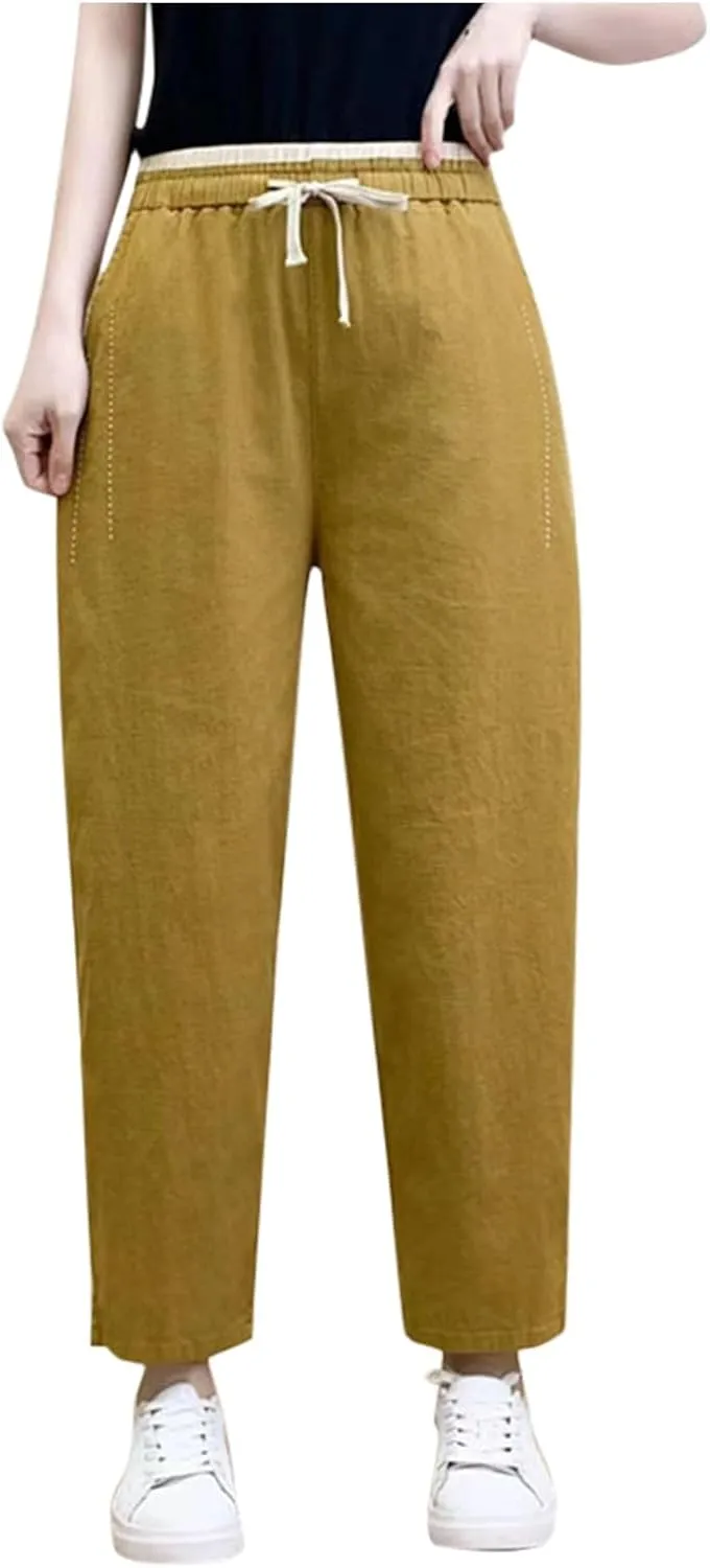 PTOLOCIF Womens Casual Linen Pants Wide Straight Leg Pants Baggy Elastic Waist Pant Summer Loose Fit Trousers with Pockets