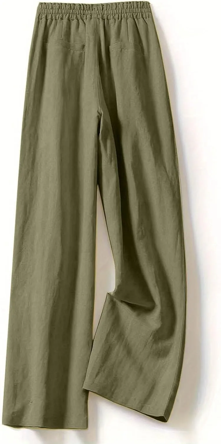 PTOLOCIF Women's Linen Blend Pants Casual Lightweight Wide Leg Palazzo Pant Drawstring Elastic Waist Pants with Pockets