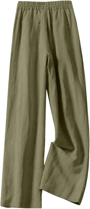 PTOLOCIF Women's Linen Blend Pants Casual Lightweight Wide Leg Palazzo Pant Drawstring Elastic Waist Pants with Pockets