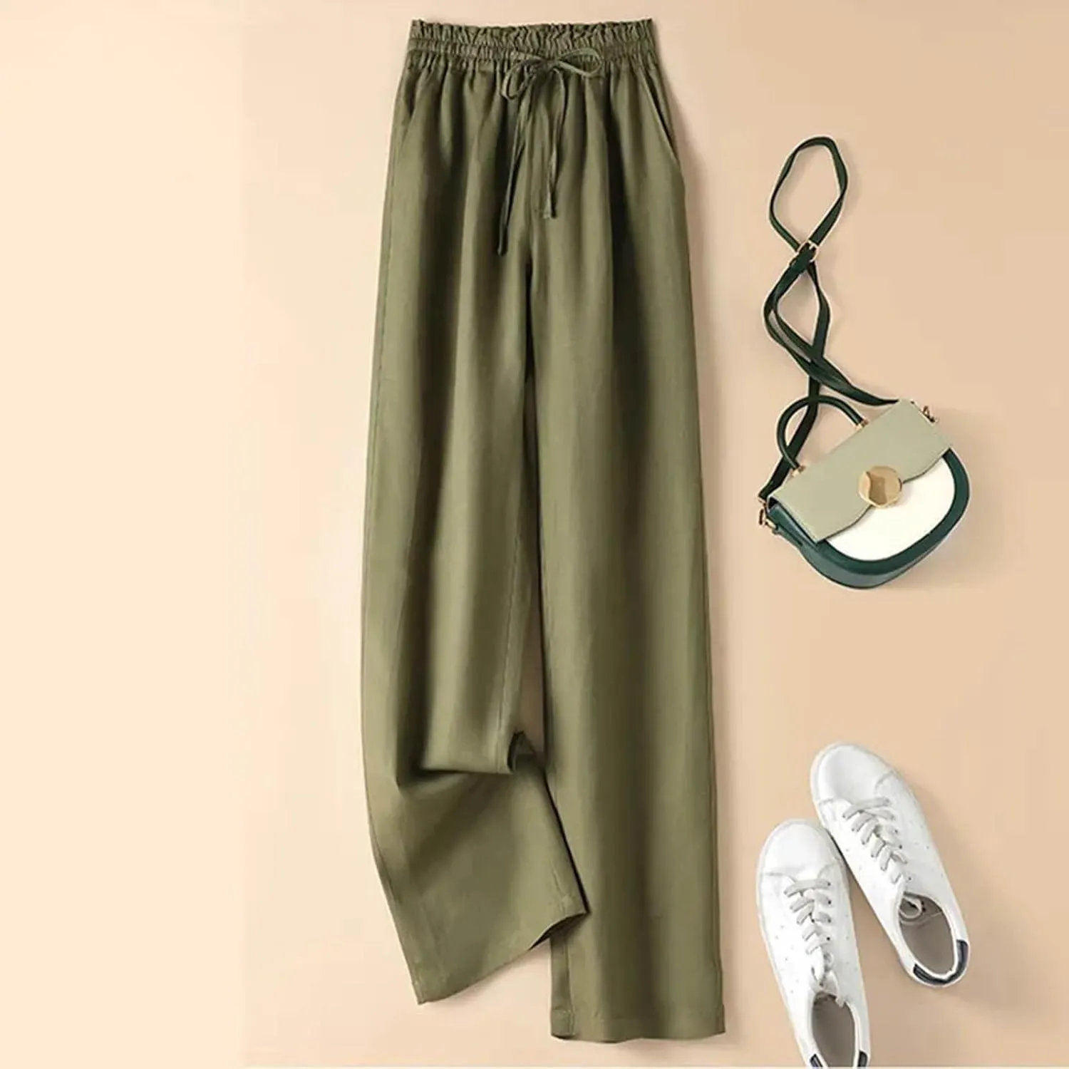 PTOLOCIF Women's Linen Blend Pants Casual Lightweight Wide Leg Palazzo Pant Drawstring Elastic Waist Pants with Pockets