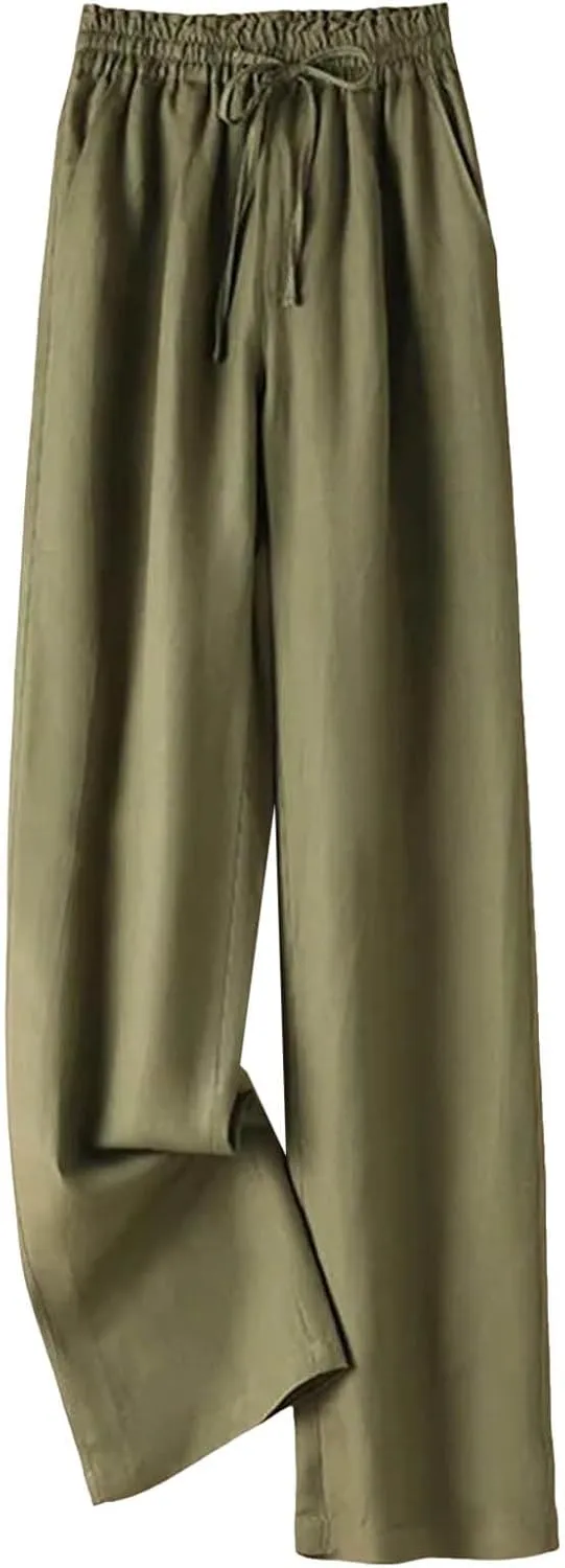 PTOLOCIF Women's Linen Blend Pants Casual Lightweight Wide Leg Palazzo Pant Drawstring Elastic Waist Pants with Pockets