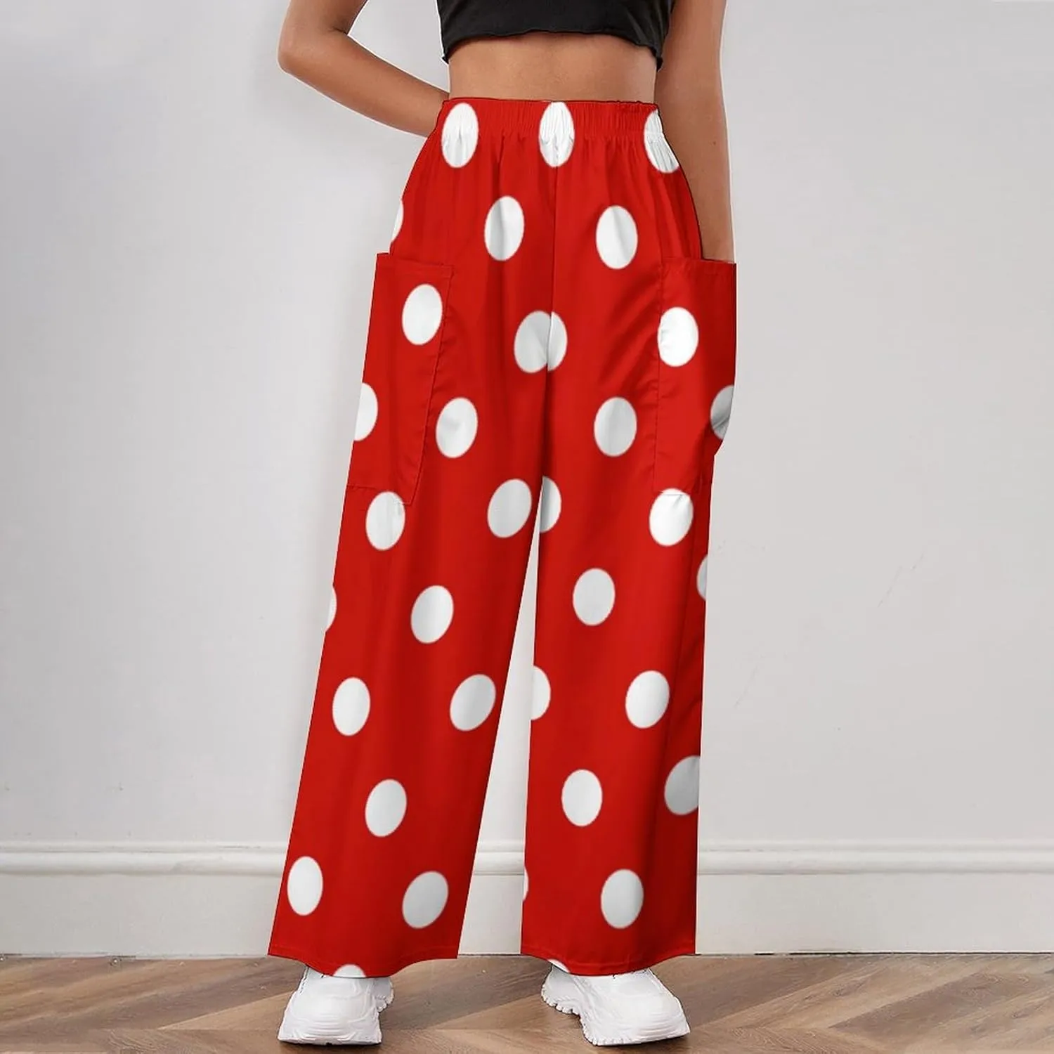 Red And White Polka Dots Women's Casual Pants Yoga Loose Wide Legs Trousers with Pockets High Waist