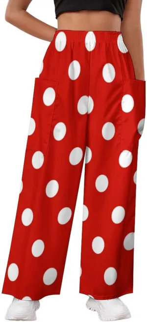Red And White Polka Dots Women's Casual Pants Yoga Loose Wide Legs Trousers with Pockets High Waist