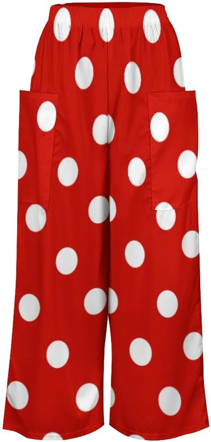 Red And White Polka Dots Women's Casual Pants Yoga Loose Wide Legs Trousers with Pockets High Waist