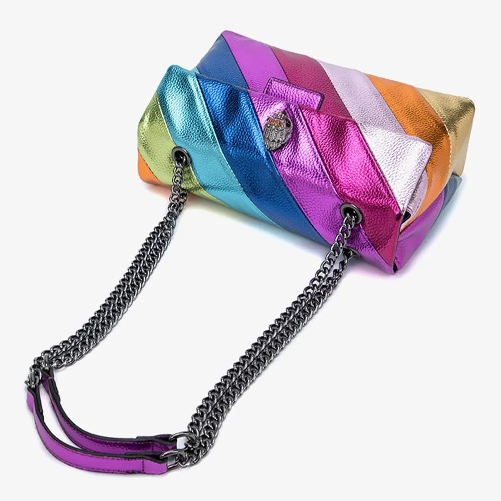 Rejolly Rainbow Stripe Crossbody Shoulder Bag for Women Color Blocking PU Leather Colourful Purse with Chain Strap
