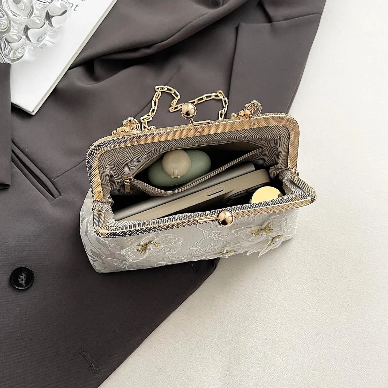 Retro Shoulder Chain Messenger Clutch Chinese Style Embroidered Elegant White Peony Flower Women's Evening Bags