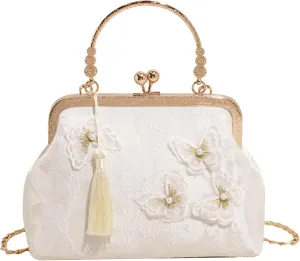 Retro Shoulder Chain Messenger Clutch Chinese Style Embroidered Elegant White Peony Flower Women's Evening Bags