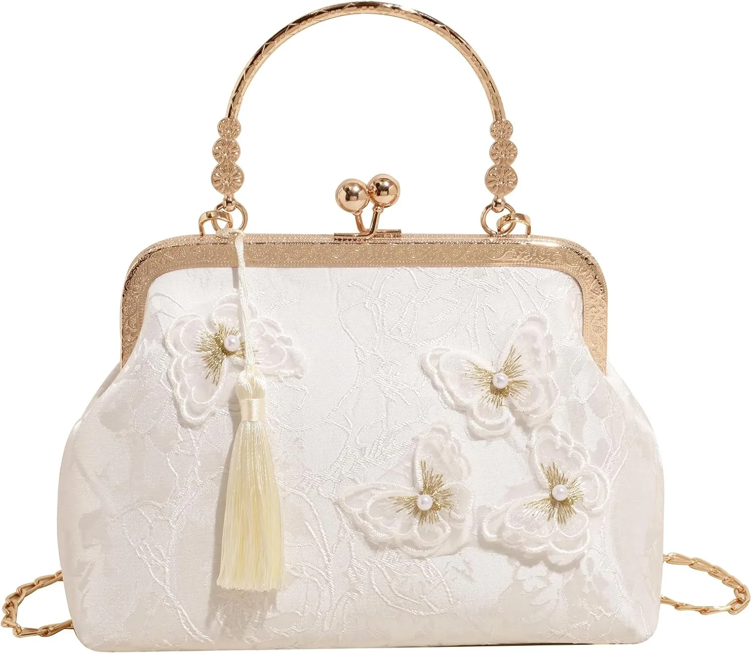 Retro Shoulder Chain Messenger Clutch Chinese Style Embroidered Elegant White Peony Flower Women's Evening Bags