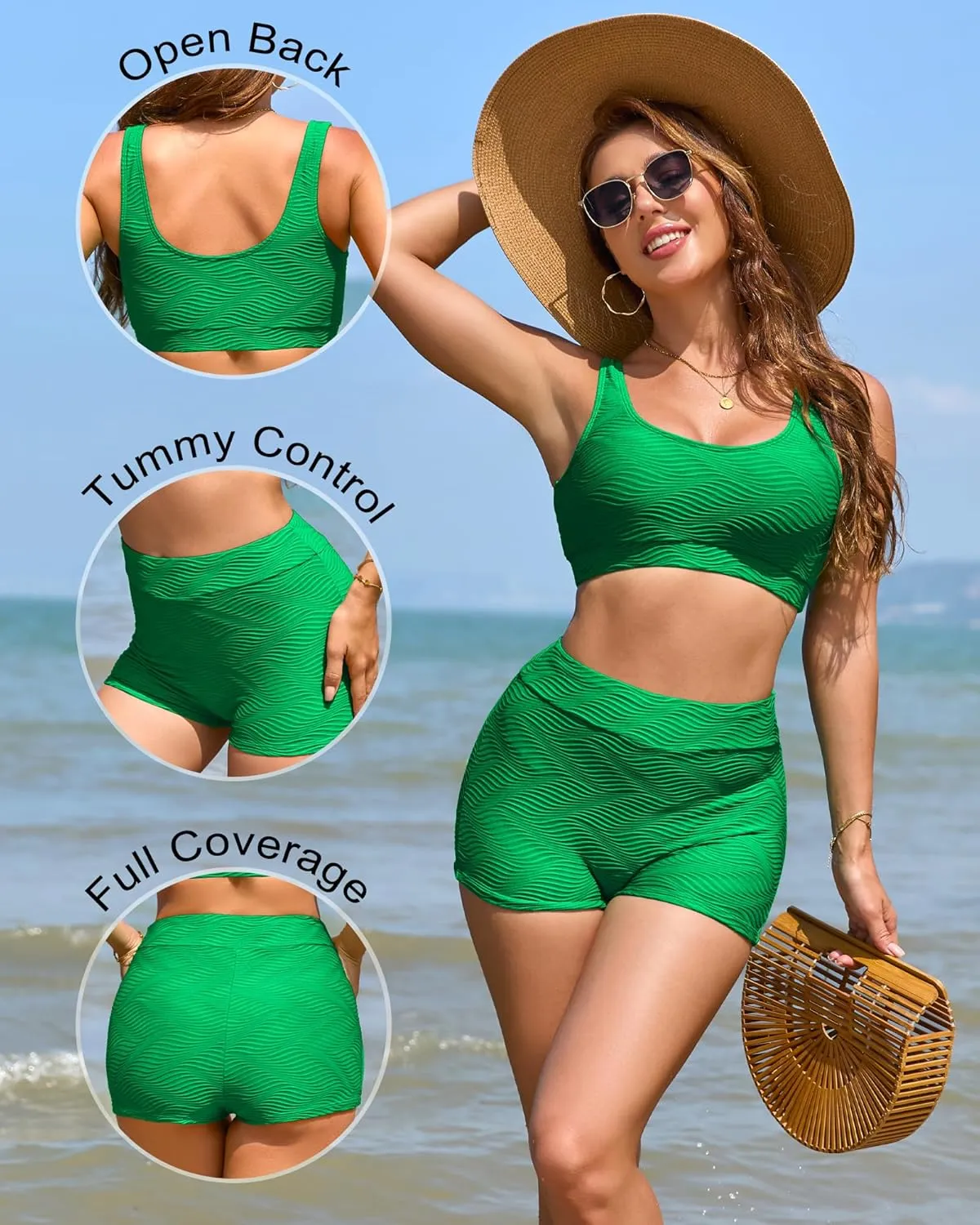 Ribbed Two Piece Swimsuit for Women High Waisted Bikini Sets Tummy Control Bathing Suits Boy Shorts Bottom