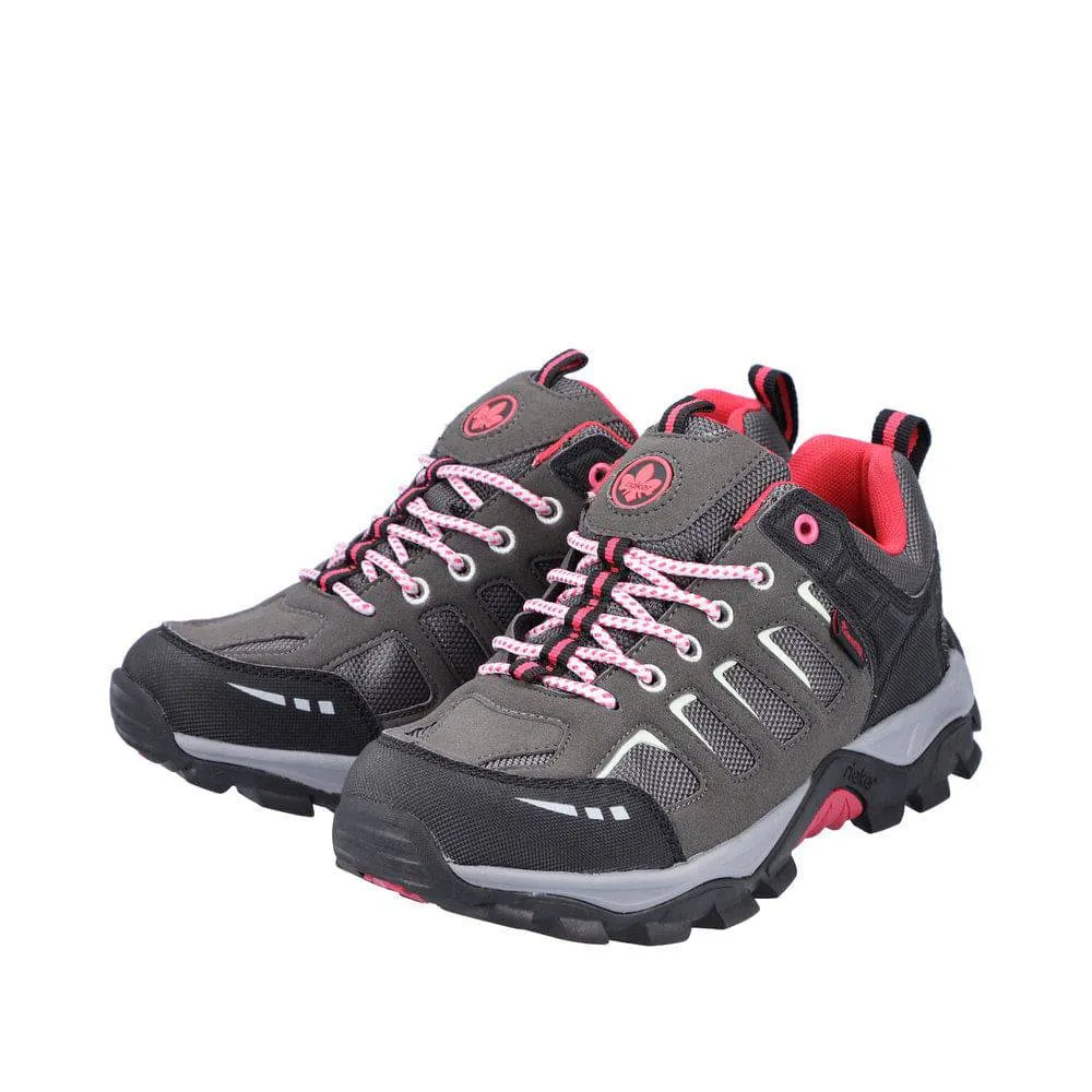 Rieker N8820-43 Ladies Grey And Pink Water Resistant Lace Up Shoes