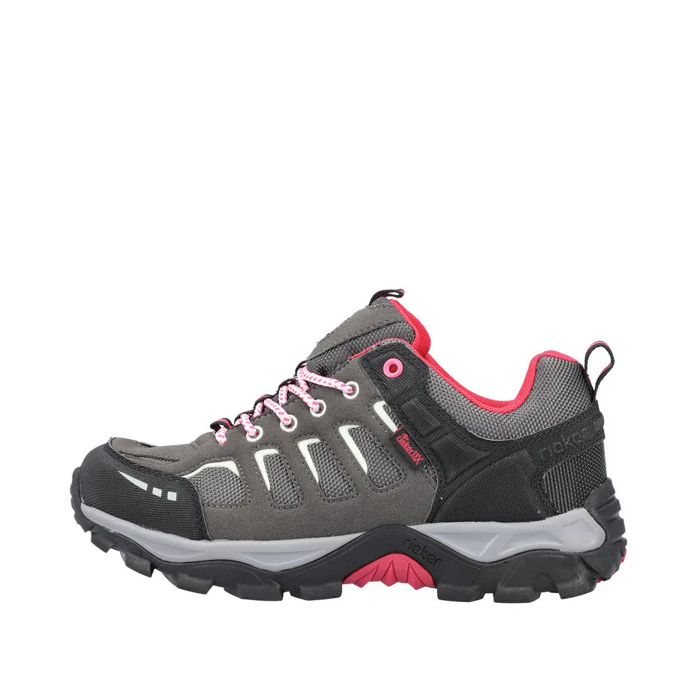 Rieker N8820-43 Ladies Grey And Pink Water Resistant Lace Up Shoes