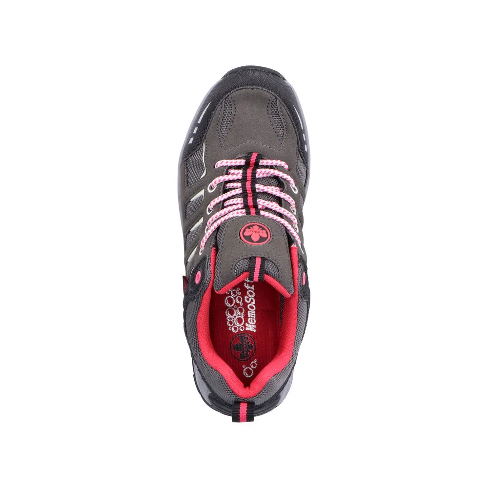 Rieker N8820-43 Ladies Grey And Pink Water Resistant Lace Up Shoes