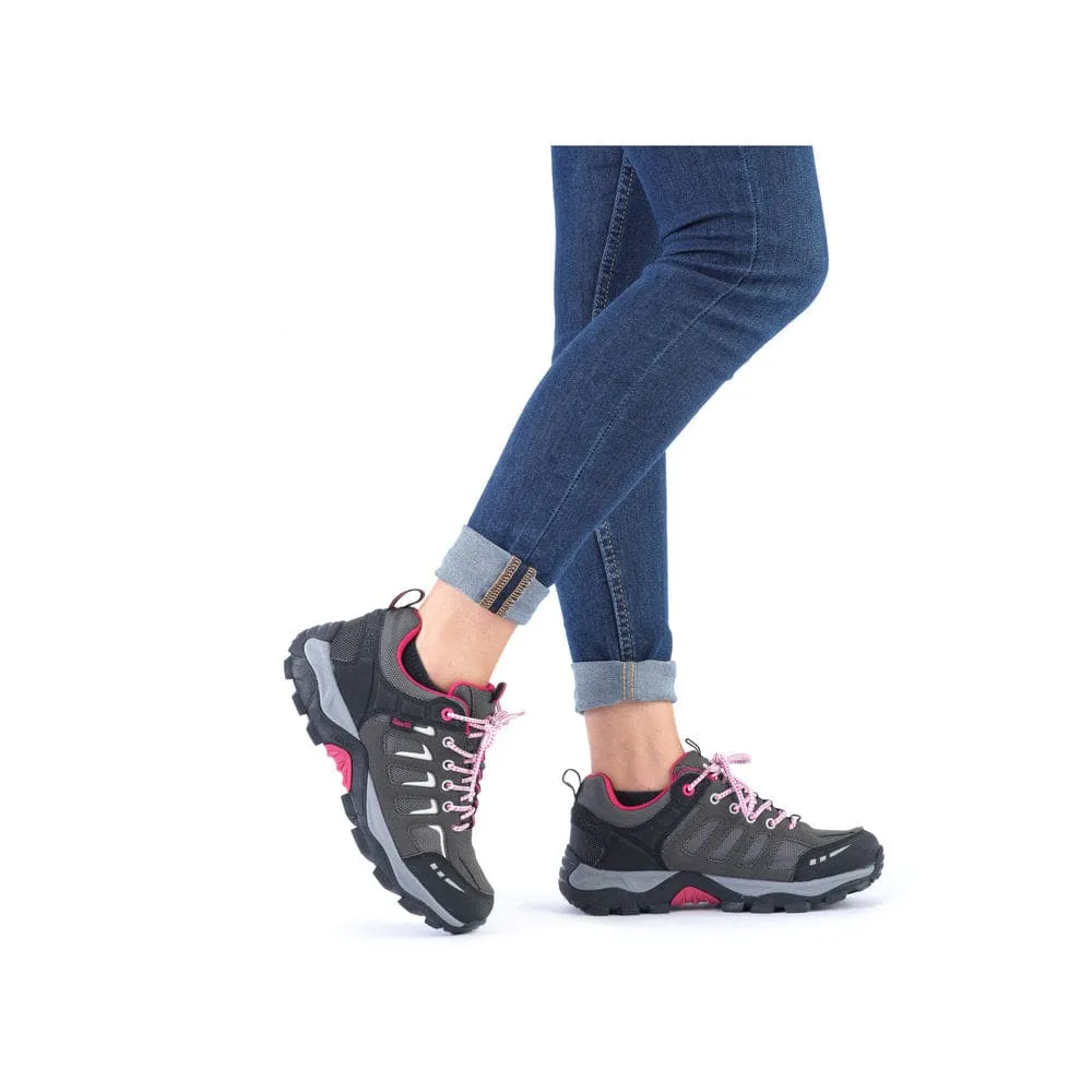 Rieker N8820-43 Ladies Grey And Pink Water Resistant Lace Up Shoes