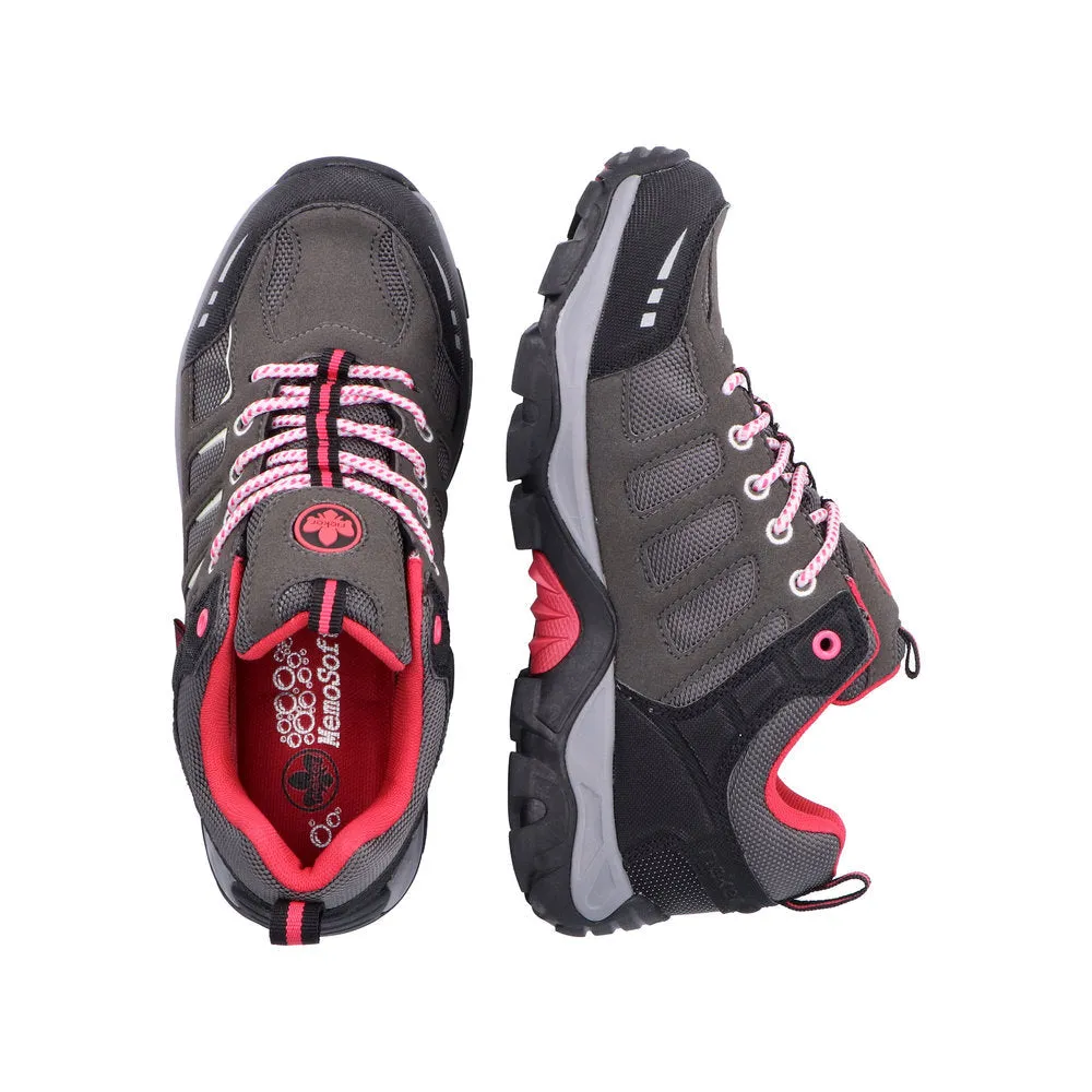 Rieker N8820-43 Ladies Grey And Pink Water Resistant Lace Up Shoes