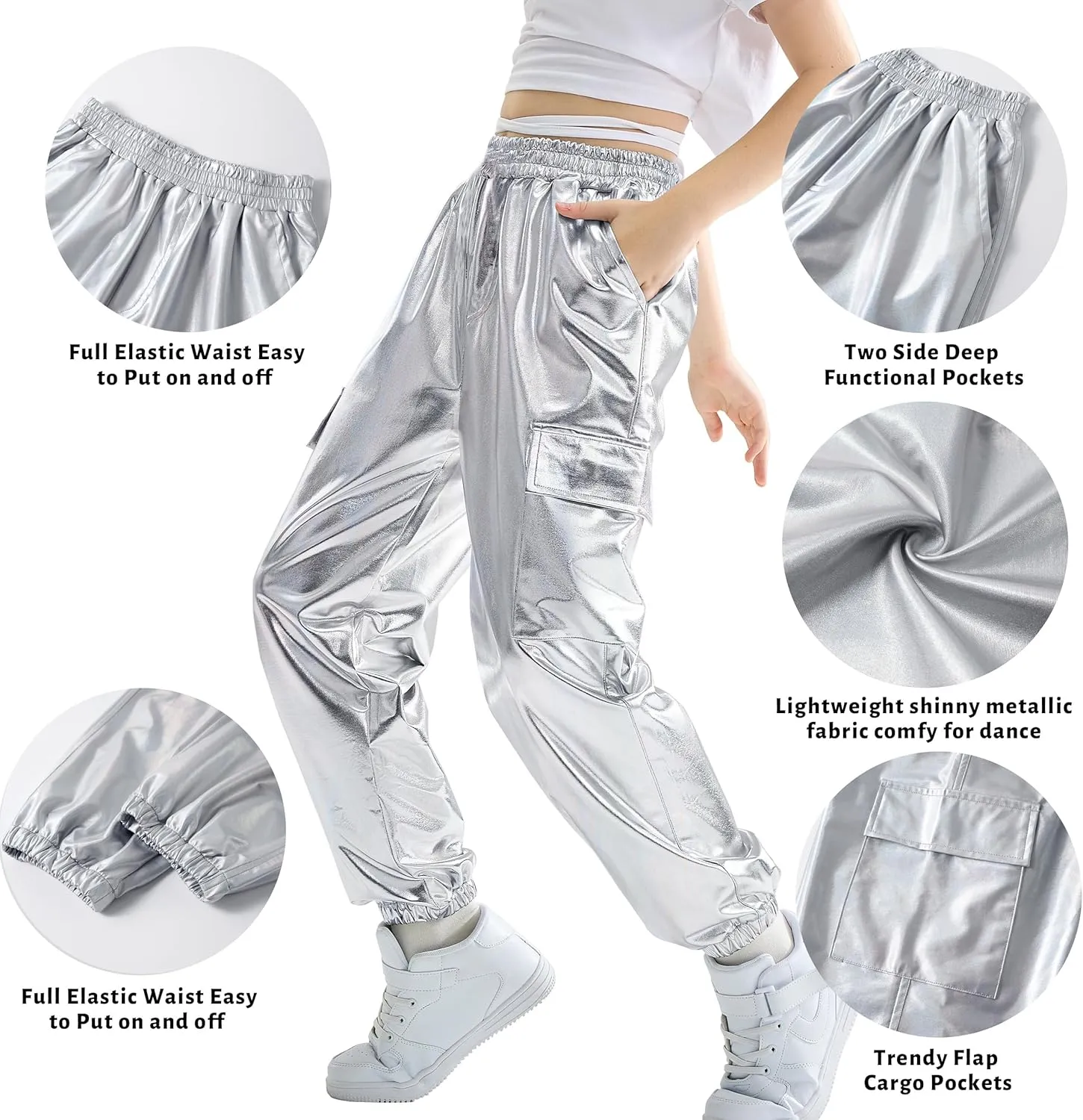 Rolanko Girls Cargo Pants for Kids Loose Streetwear Hip Hop Dance Cotton Cargo Jogger Pants for Kids 4-15 Years