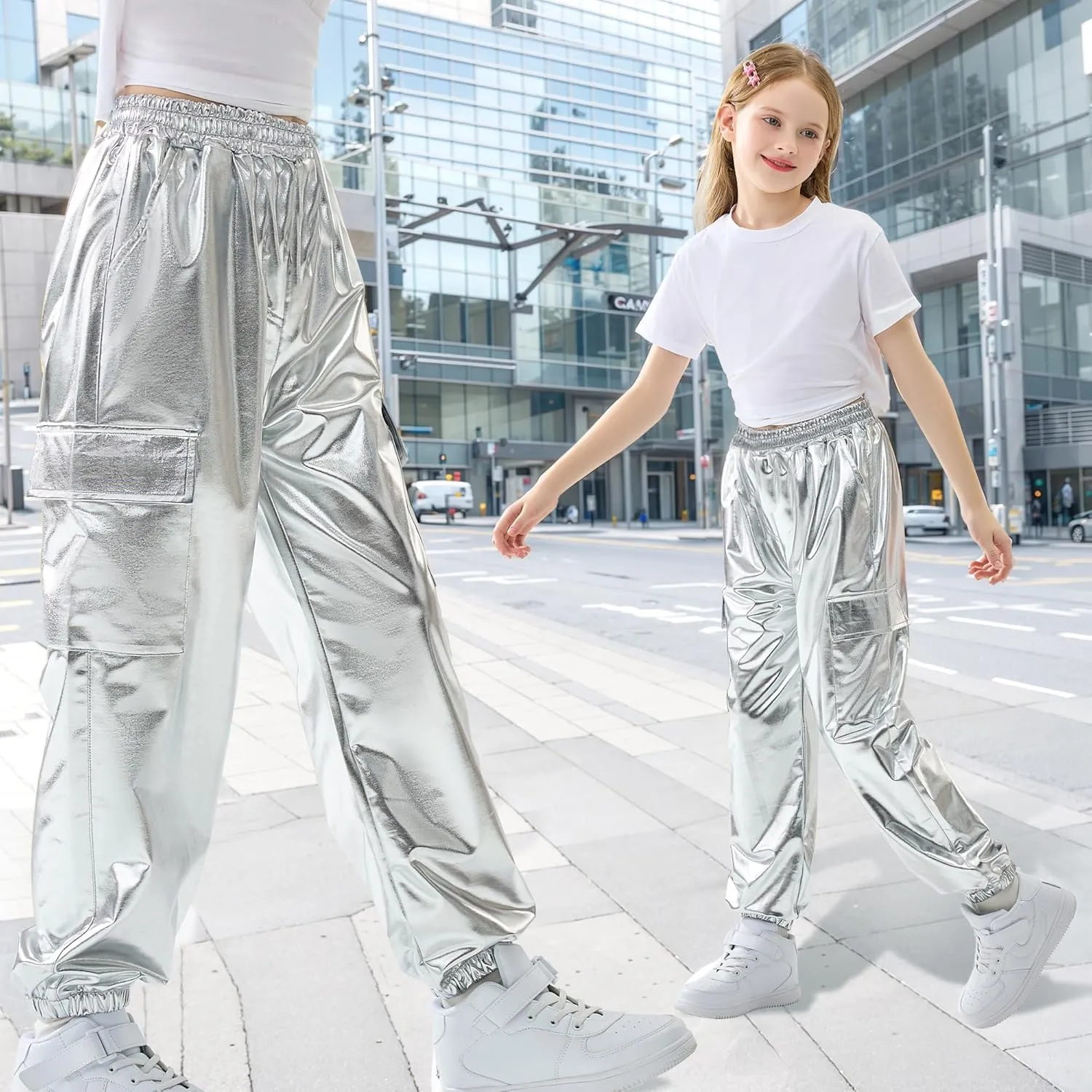Rolanko Girls Cargo Pants for Kids Loose Streetwear Hip Hop Dance Cotton Cargo Jogger Pants for Kids 4-15 Years
