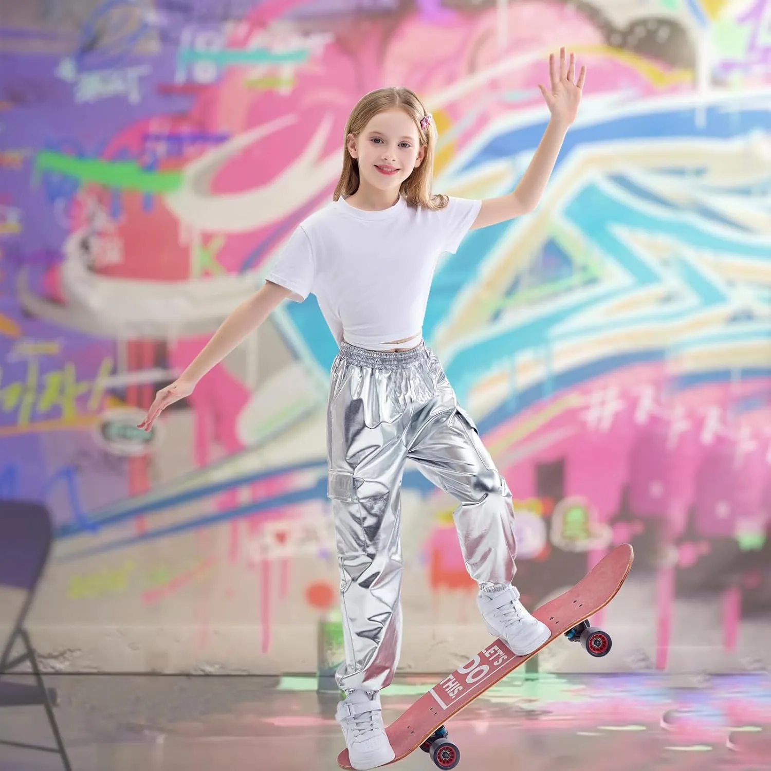 Rolanko Girls Cargo Pants for Kids Loose Streetwear Hip Hop Dance Cotton Cargo Jogger Pants for Kids 4-15 Years