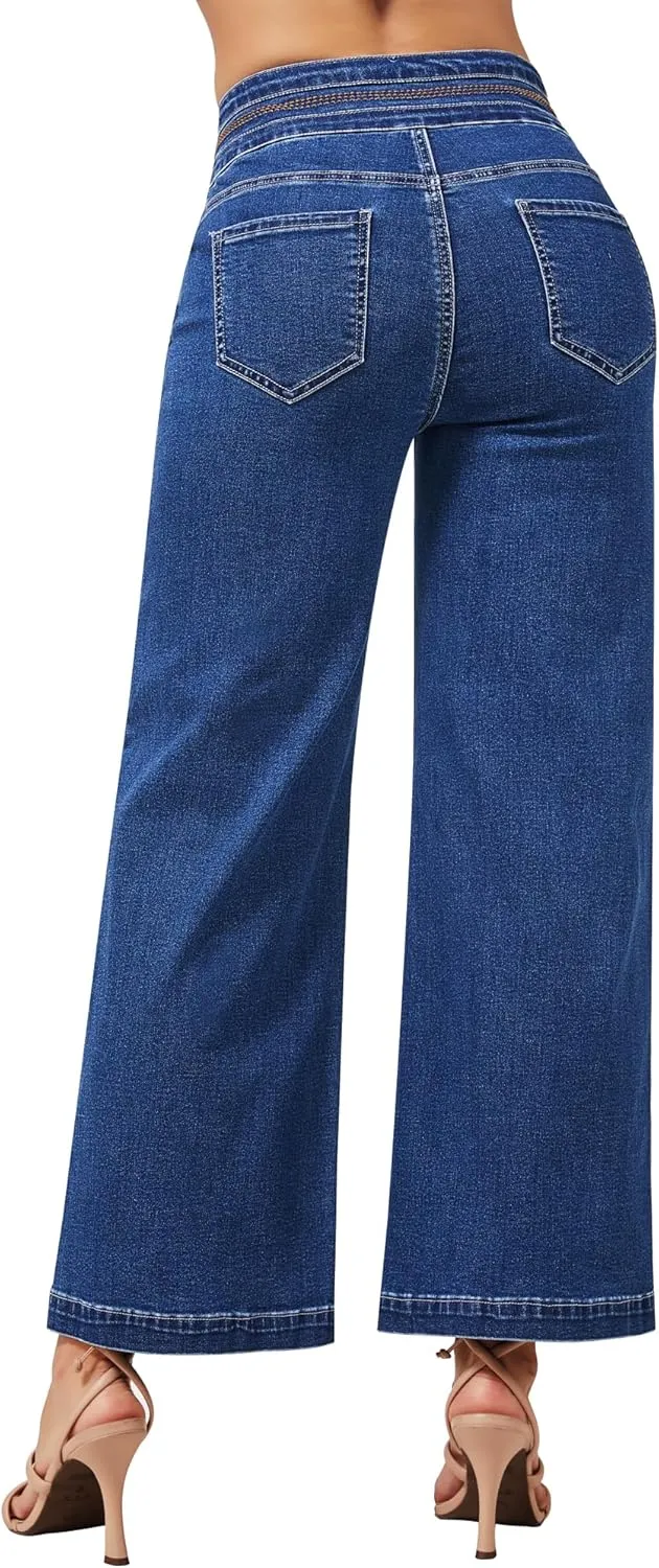 roswear Women's Wide Leg Petite Jeans High Waisted Stretchy Cropped Denim Pants