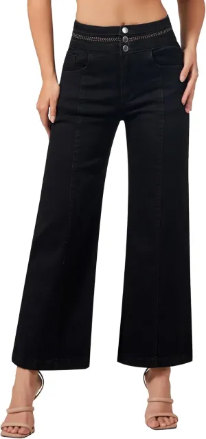roswear Women's Wide Leg Petite Jeans High Waisted Stretchy Cropped Denim Pants