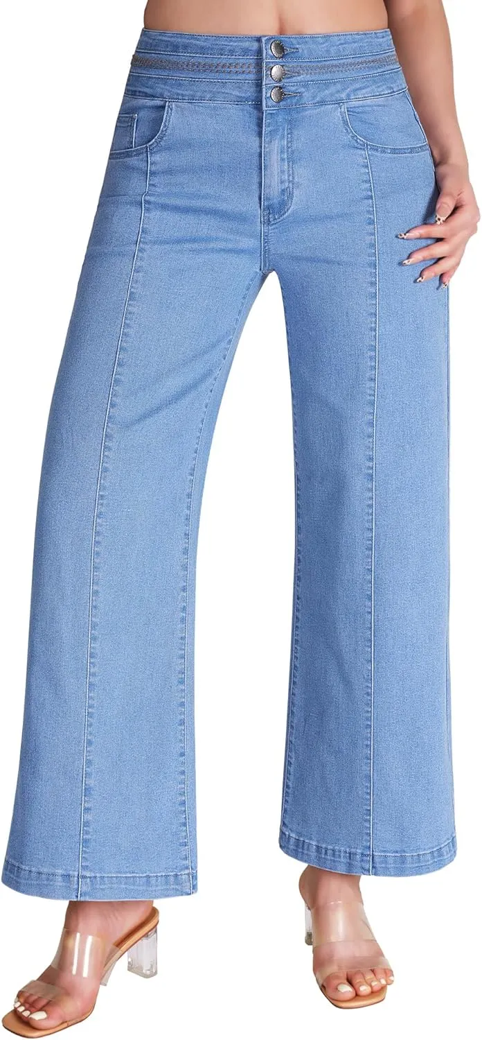 roswear Women's Wide Leg Petite Jeans High Waisted Stretchy Cropped Denim Pants