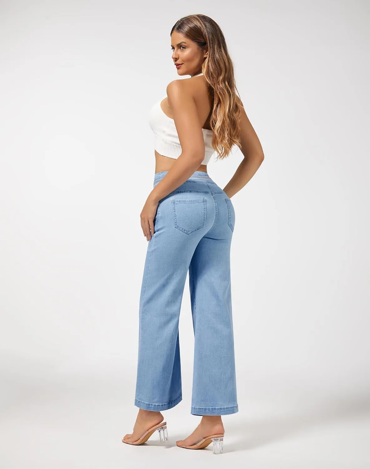 roswear Women's Wide Leg Petite Jeans High Waisted Stretchy Cropped Denim Pants