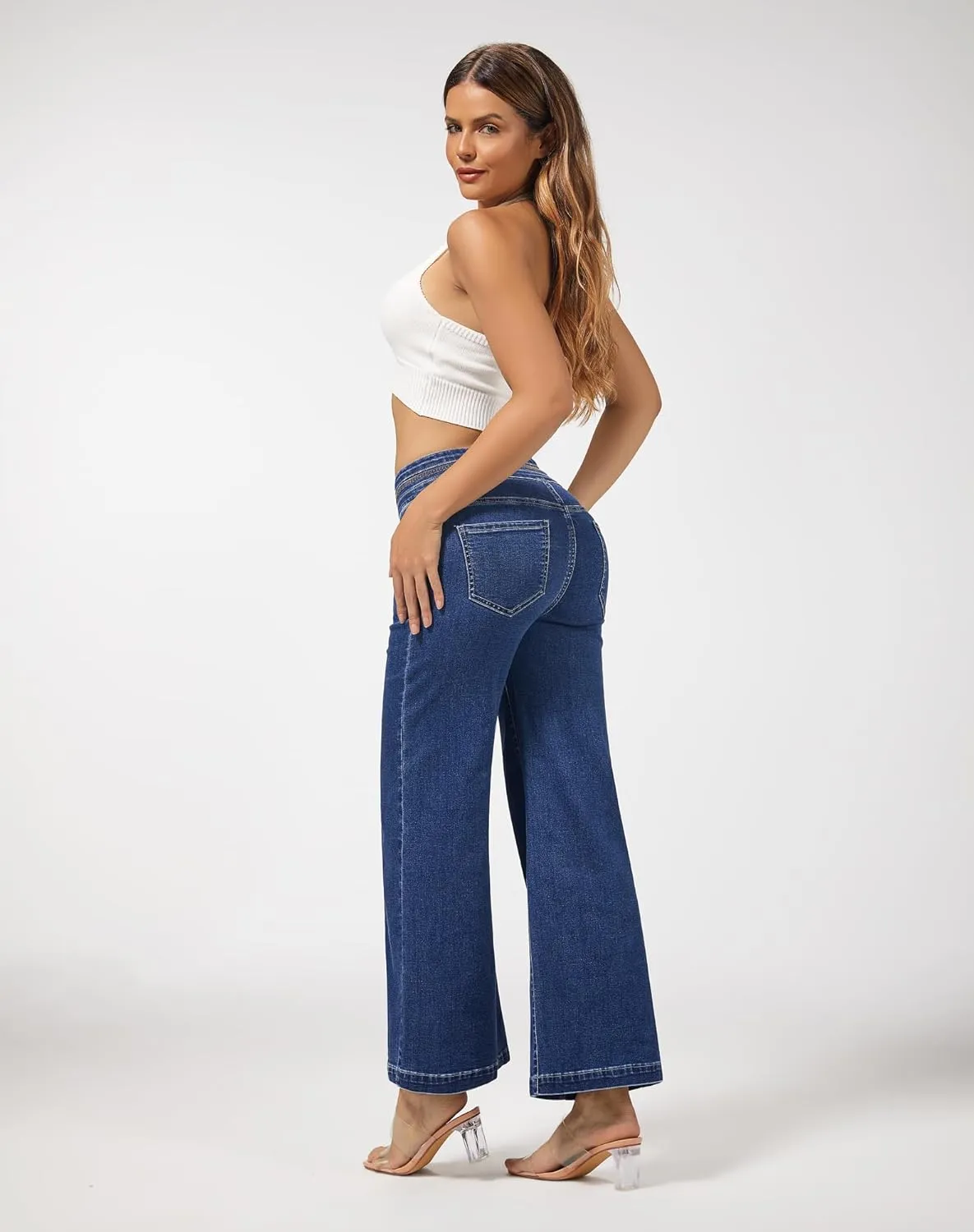 roswear Women's Wide Leg Petite Jeans High Waisted Stretchy Cropped Denim Pants