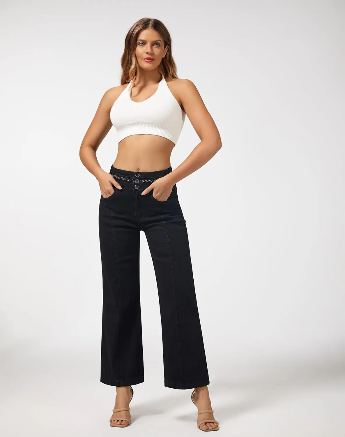 roswear Women's Wide Leg Petite Jeans High Waisted Stretchy Cropped Denim Pants