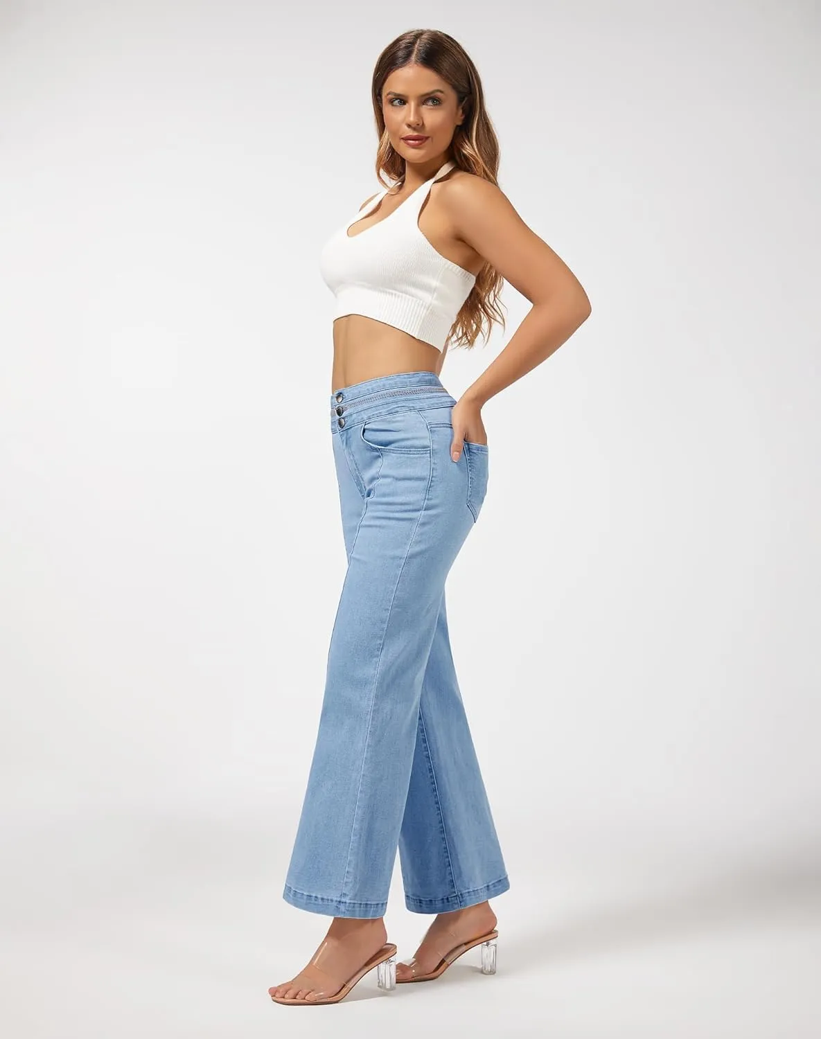 roswear Women's Wide Leg Petite Jeans High Waisted Stretchy Cropped Denim Pants