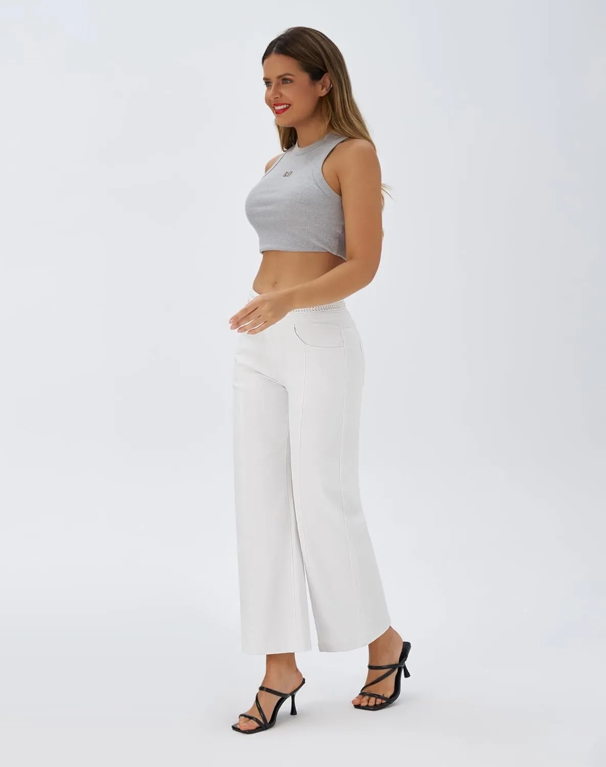 roswear Women's Wide Leg Petite Jeans High Waisted Stretchy Cropped Denim Pants