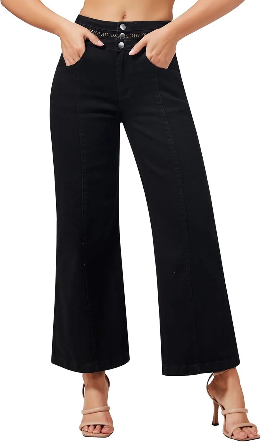 roswear Women's Wide Leg Petite Jeans High Waisted Stretchy Cropped Denim Pants