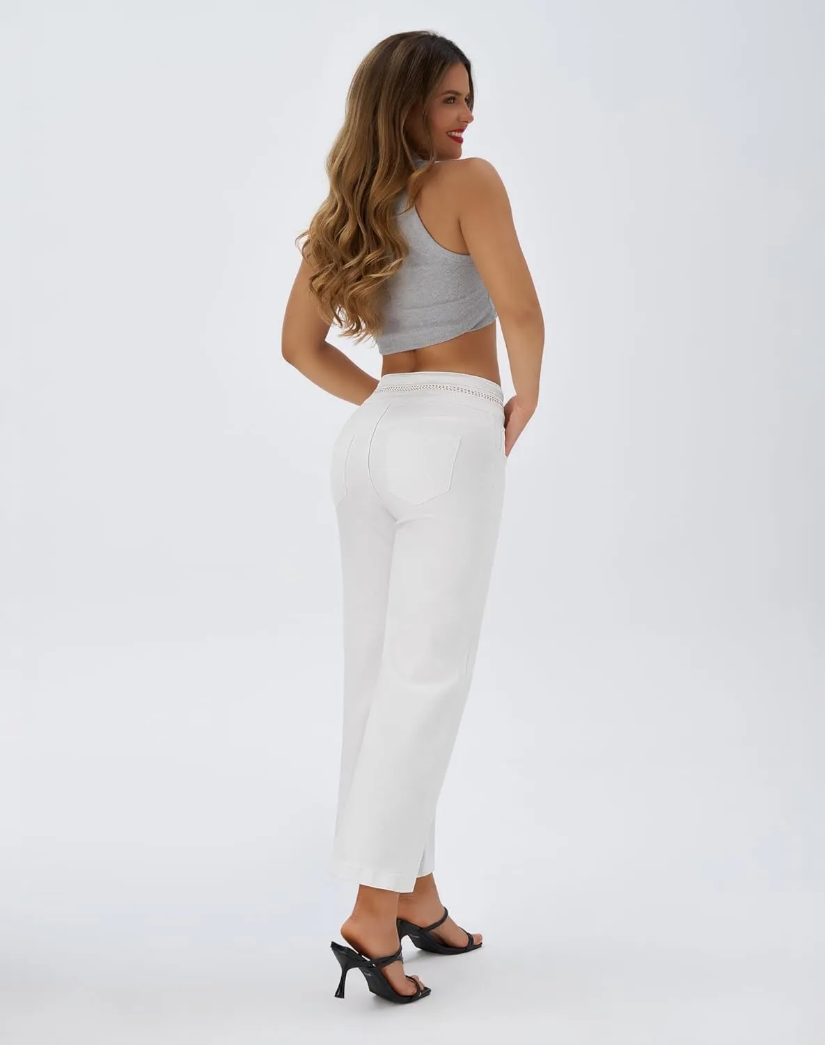 roswear Women's Wide Leg Petite Jeans High Waisted Stretchy Cropped Denim Pants