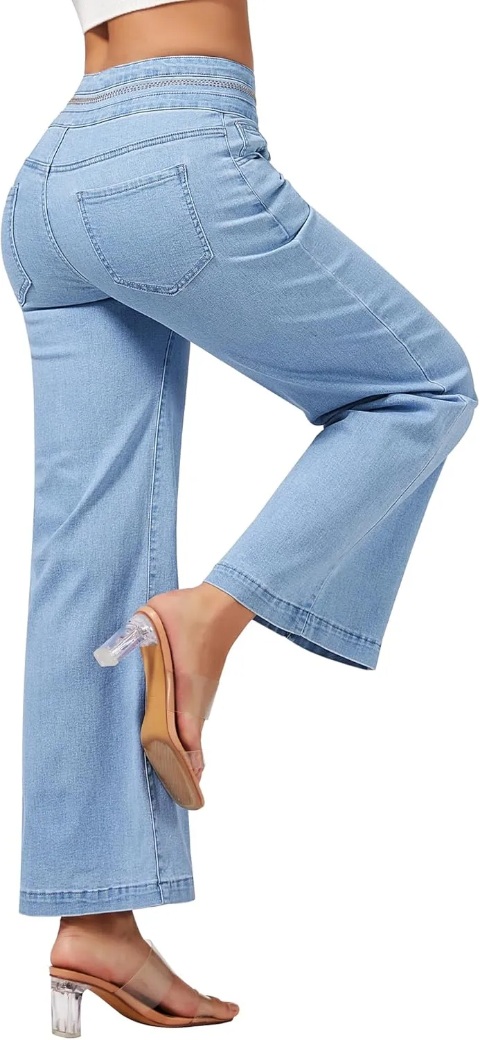 roswear Women's Wide Leg Petite Jeans High Waisted Stretchy Cropped Denim Pants