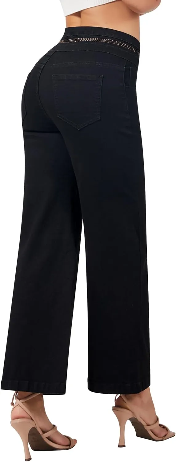 roswear Women's Wide Leg Petite Jeans High Waisted Stretchy Cropped Denim Pants
