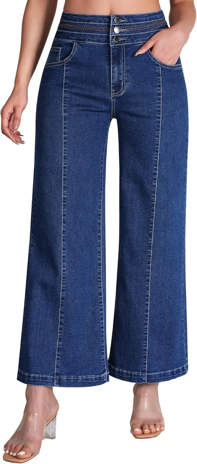 roswear Women's Wide Leg Petite Jeans High Waisted Stretchy Cropped Denim Pants
